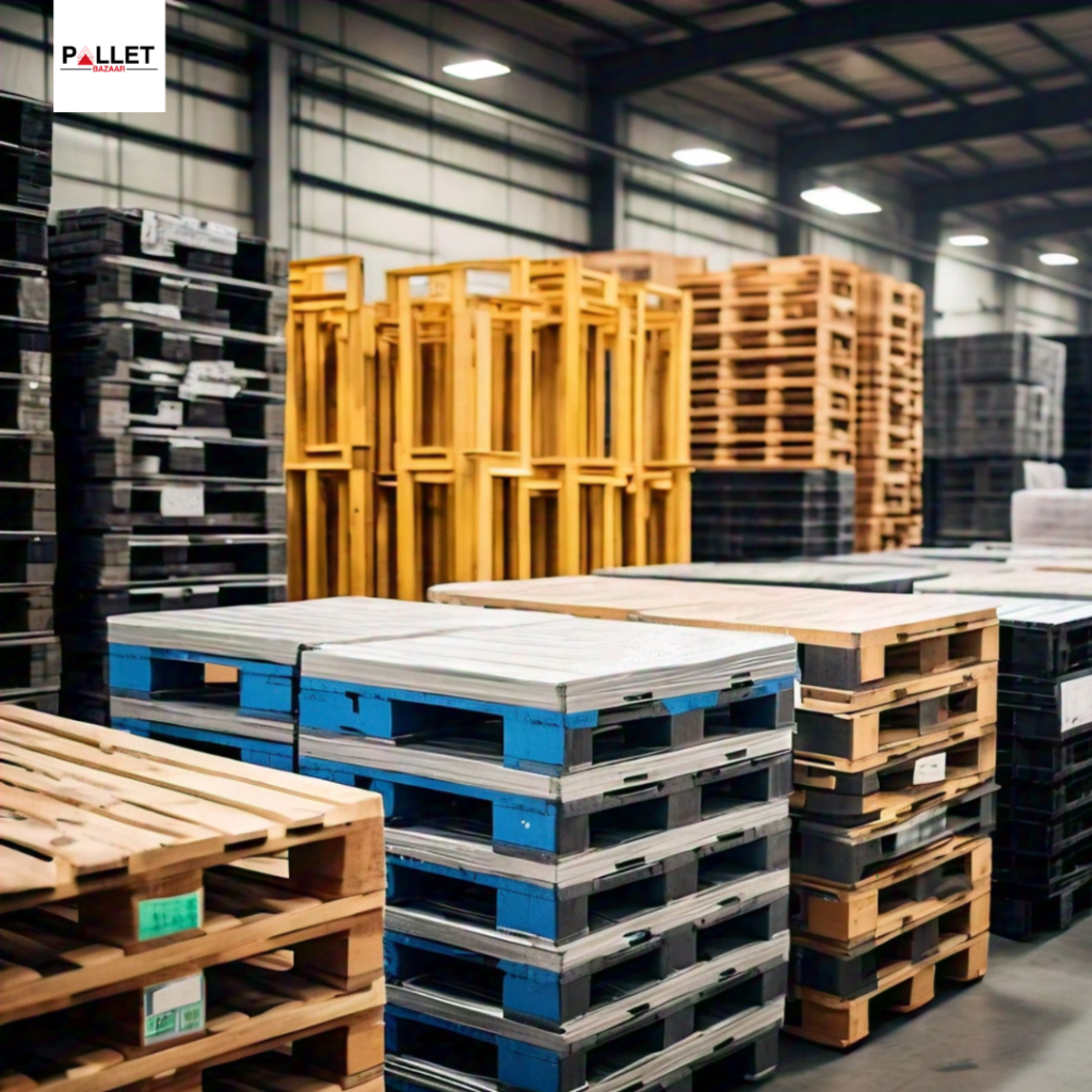 a warehouse with plastic pallets stacked